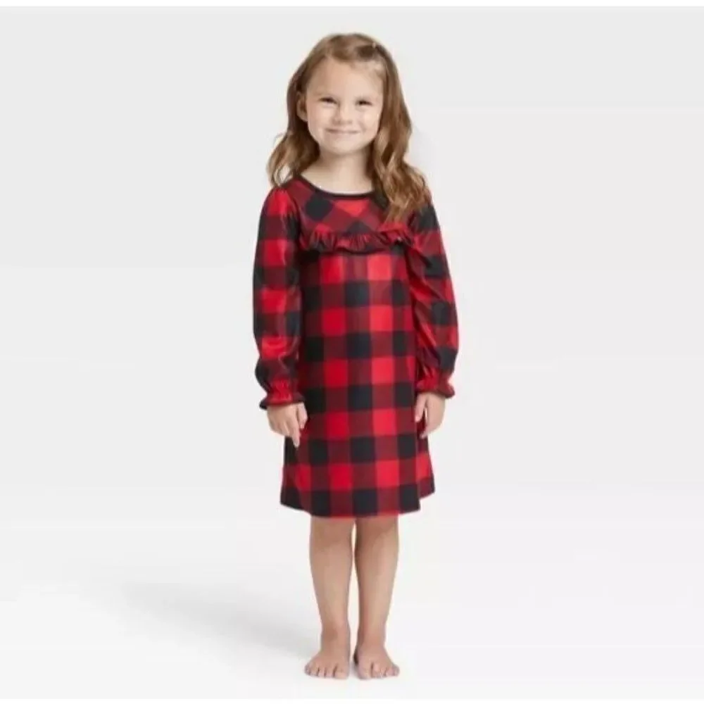 Toddler Holiday Buffalo‎ Check Flannel Pajama NightGown - Red 2T